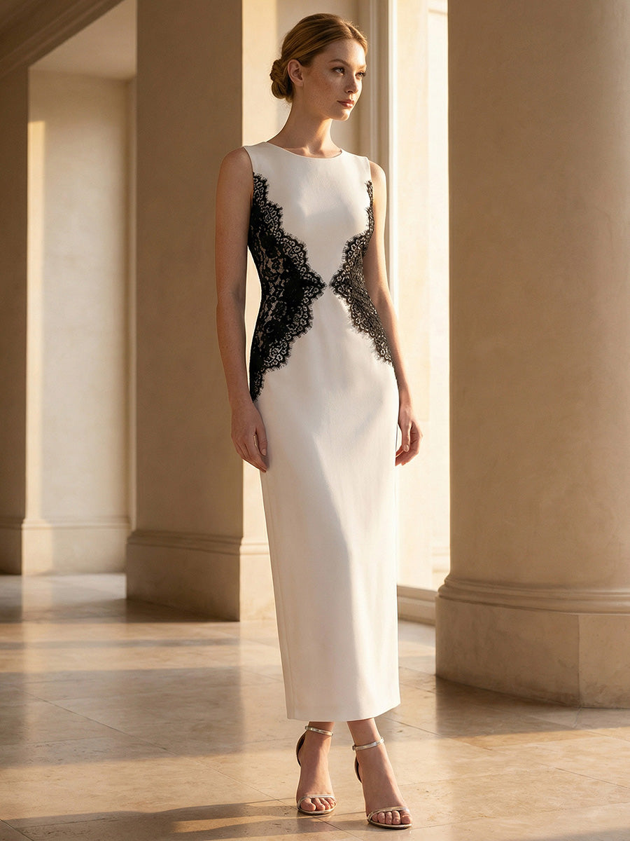 Plus Size Kn?chellang Sheath Kleid Rundhalsausschnitt Strick Cut-Out Details Moderner Look #Farbe_Elfenbein Schwarz
