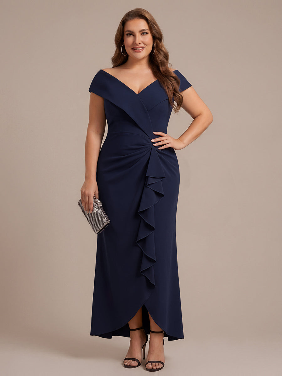 Asymmetrischer Saum V-Ausschnitt Meerjungfrau Kleid Aus Krepp Schlitz Volants #Farbe_Marineblau