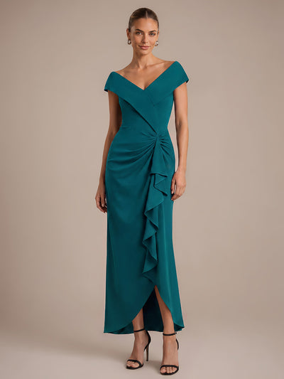 Asymmetrischer Saum V-Ausschnitt Meerjungfrau Kleid Aus Krepp Schlitz Volants #Farbe_Petrol