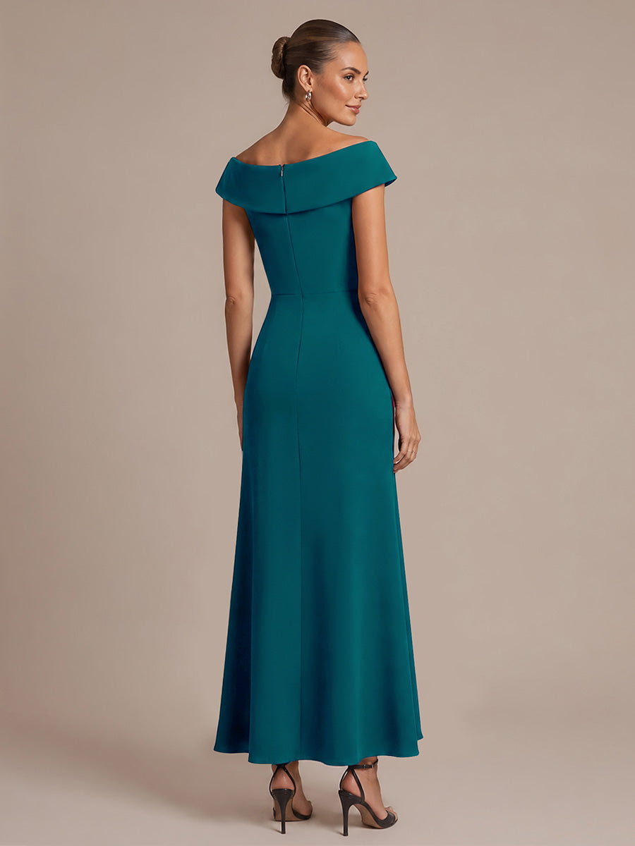 Asymmetrischer Saum V-Ausschnitt Meerjungfrau Kleid Aus Krepp Schlitz Volants #Farbe_Petrol