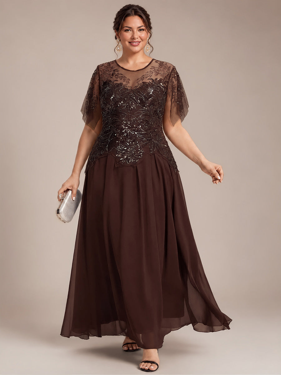 Maxikleid Mit Rundhalsausschnitt A-Linien Schnitt Tüllstoff Patchwork Und Pailletten Details Transparente Gestaltung #Farbe_Braun