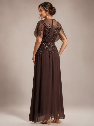 Maxikleid Mit Rundhalsausschnitt A-Linien Schnitt Tüllstoff Patchwork Und Pailletten Details Transparente Gestaltung #Farbe_Braun