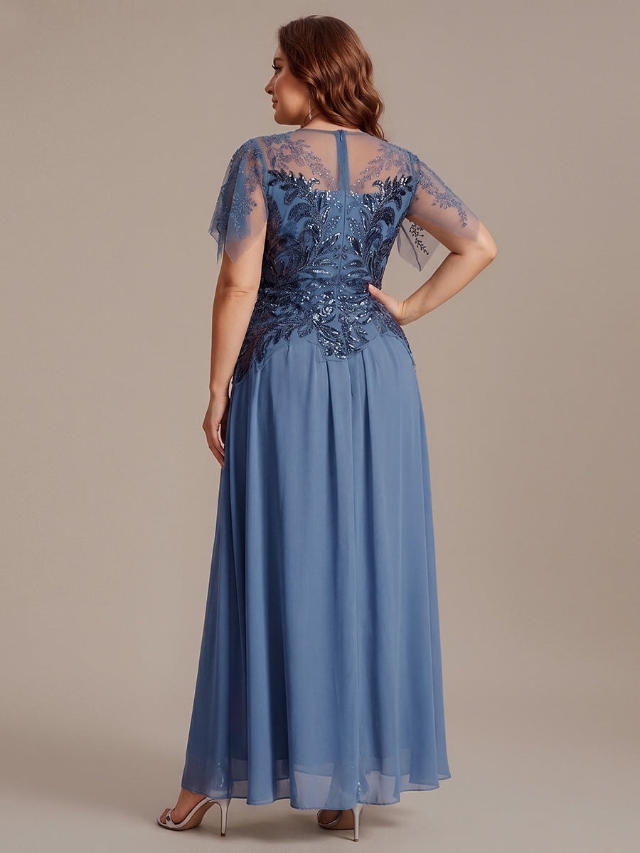 Maxikleid Mit Rundhalsausschnitt A-Linien Schnitt Tüllstoff Patchwork Und Pailletten Details Transparente Gestaltung #Farbe_Taubenblau
