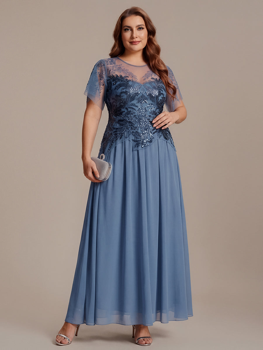 Maxikleid Mit Rundhalsausschnitt A-Linien Schnitt Tüllstoff Patchwork Und Pailletten Details Transparente Gestaltung #Farbe_Taubenblau