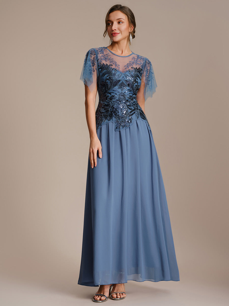 Maxikleid Mit Rundhalsausschnitt A-Linien Schnitt Tüllstoff Patchwork Und Pailletten Details Transparente Gestaltung #Farbe_Taubenblau