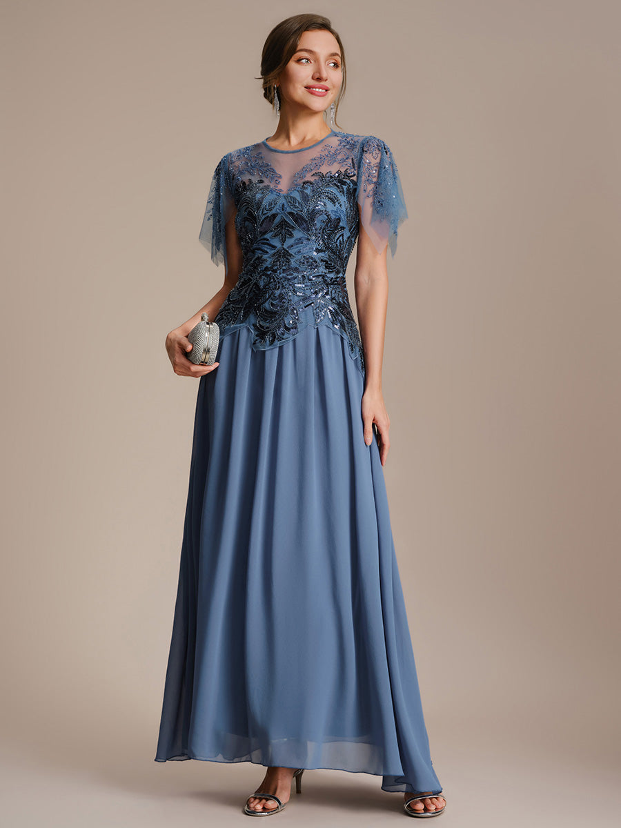 Maxikleid Mit Rundhalsausschnitt A-Linien Schnitt Tüllstoff Patchwork Und Pailletten Details Transparente Gestaltung #Farbe_Taubenblau
