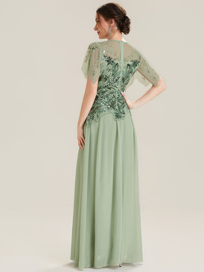 Maxikleid Mit Rundhalsausschnitt A-Linien Schnitt Tüllstoff Patchwork Und Pailletten Details Transparente Gestaltung #Farbe_Mintgrün