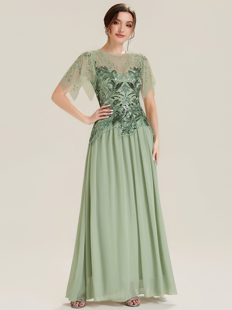 Maxikleid Mit Rundhalsausschnitt A-Linien Schnitt Tüllstoff Patchwork Und Pailletten Details Transparente Gestaltung #Farbe_Mintgrün
