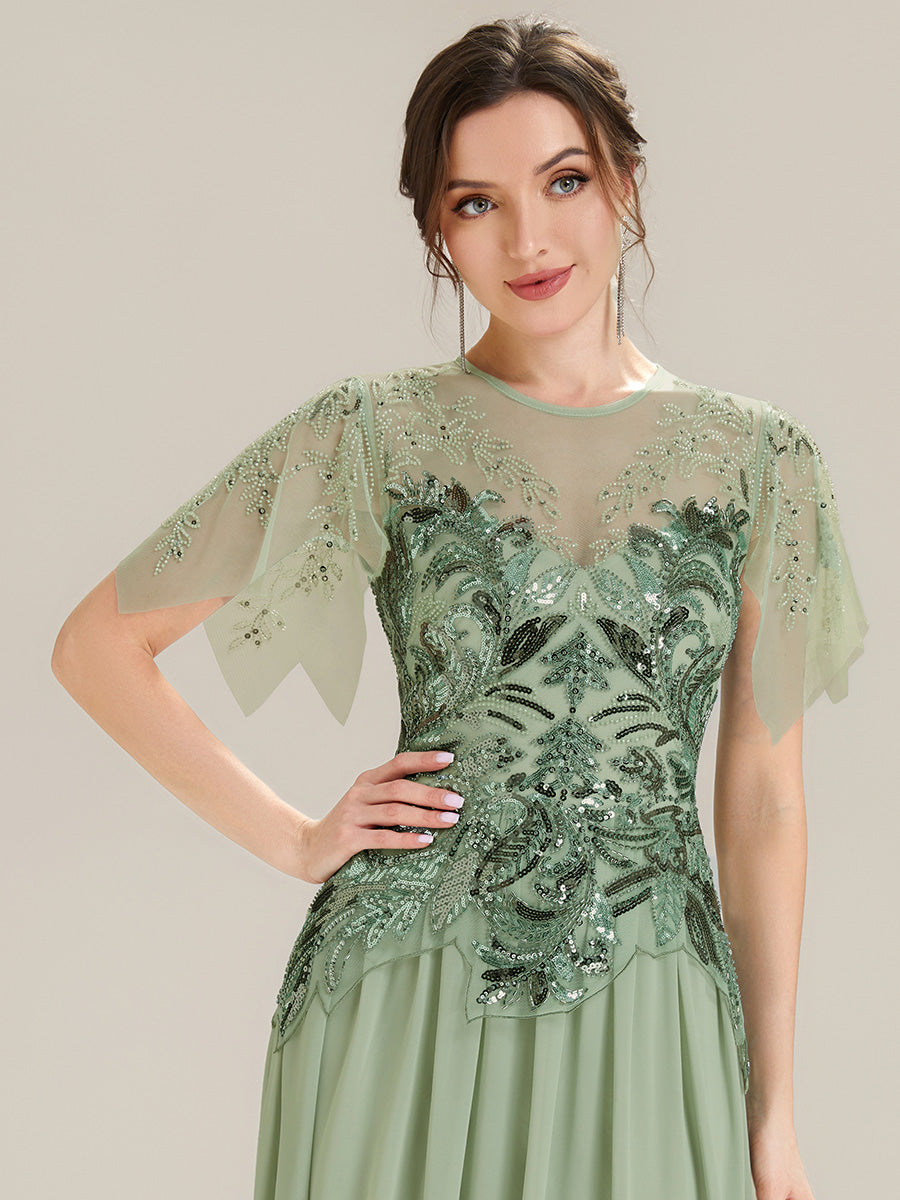 Maxikleid Mit Rundhalsausschnitt A-Linien Schnitt Tüllstoff Patchwork Und Pailletten Details Transparente Gestaltung #Farbe_Mintgrün