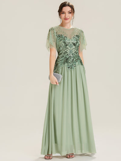 Maxikleid Mit Rundhalsausschnitt A-Linien Schnitt Tüllstoff Patchwork Und Pailletten Details Transparente Gestaltung #Farbe_Mintgrün