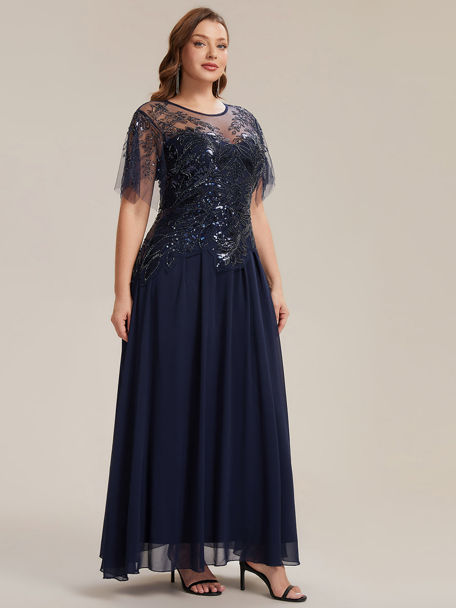 Maxikleid Mit Rundhalsausschnitt A-Linien Schnitt Tüllstoff Patchwork Und Pailletten Details Transparente Gestaltung #Farbe_Marineblau