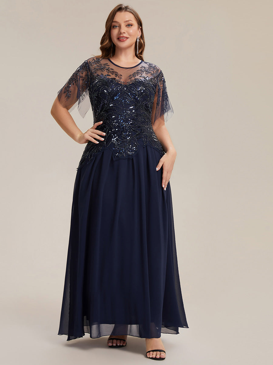 Maxikleid Mit Rundhalsausschnitt A-Linien Schnitt Tüllstoff Patchwork Und Pailletten Details Transparente Gestaltung #Farbe_Marineblau