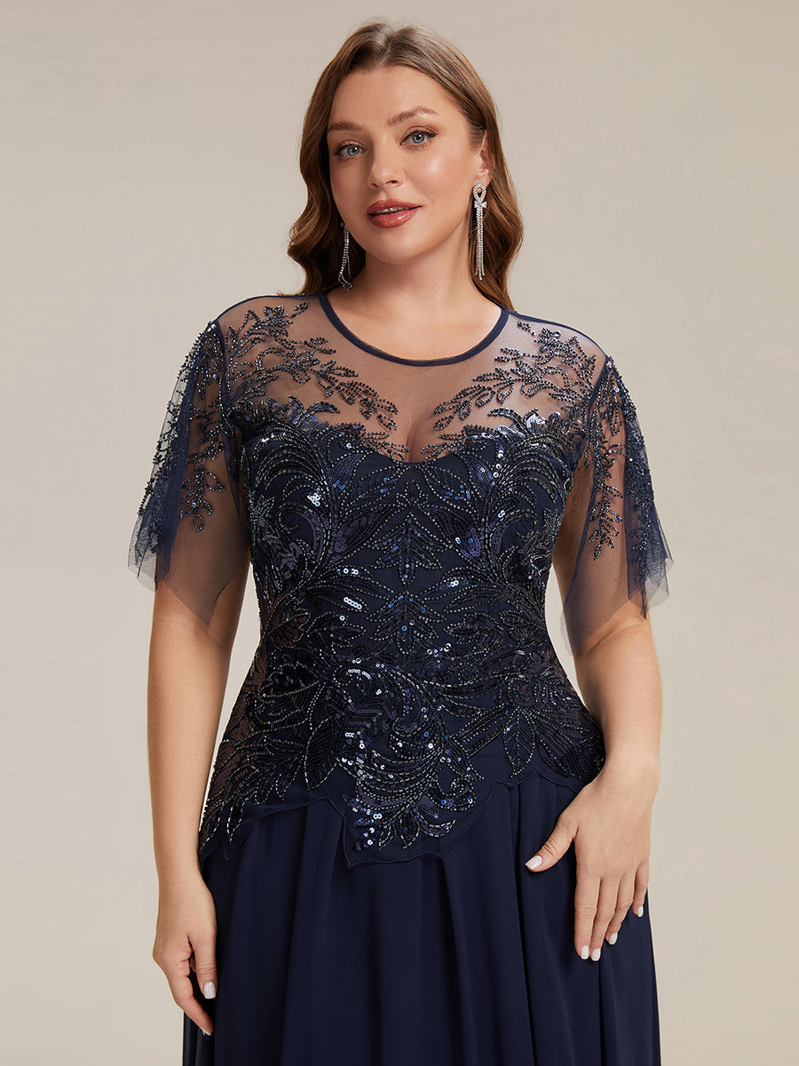 Maxikleid Mit Rundhalsausschnitt A-Linien Schnitt Tüllstoff Patchwork Und Pailletten Details Transparente Gestaltung #Farbe_Marineblau