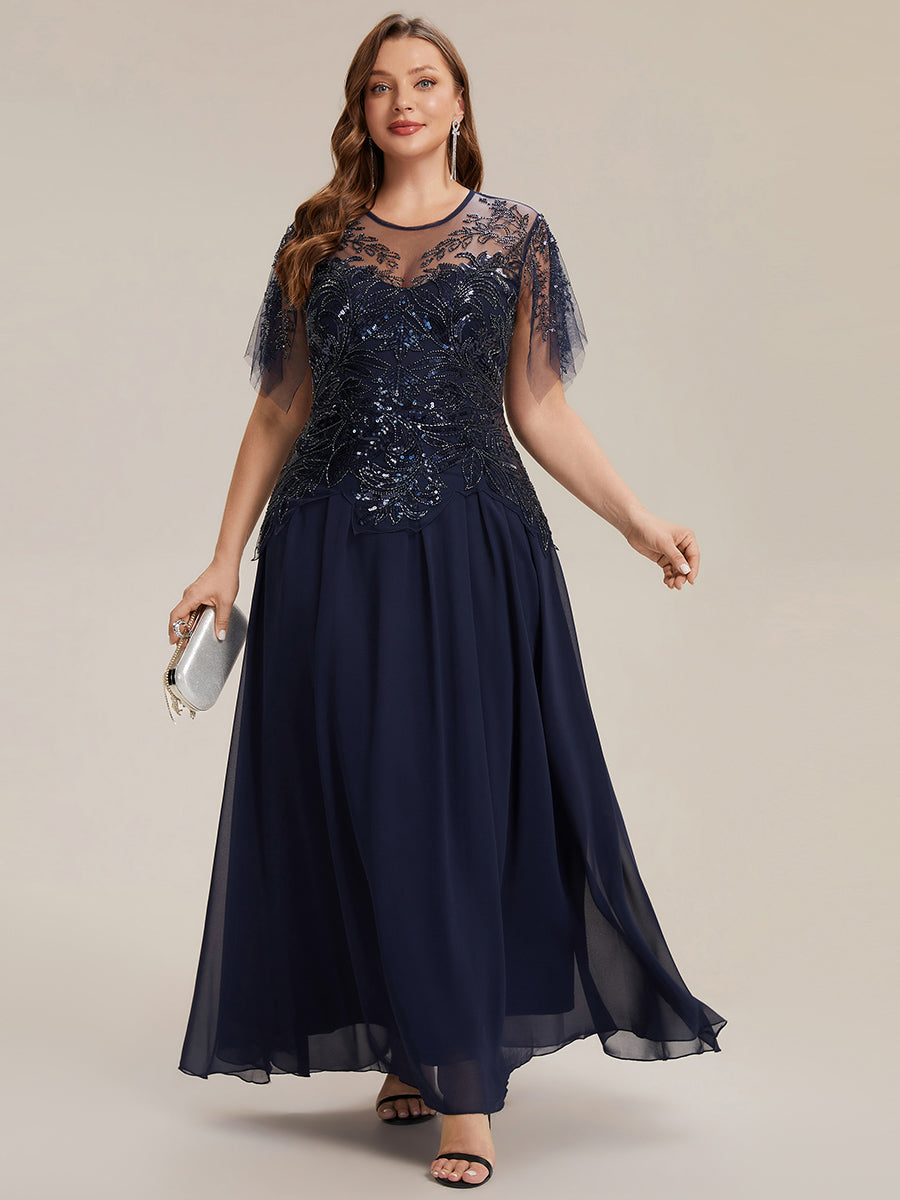 Maxikleid Mit Rundhalsausschnitt A-Linien Schnitt Tüllstoff Patchwork Und Pailletten Details Transparente Gestaltung #Farbe_Marineblau