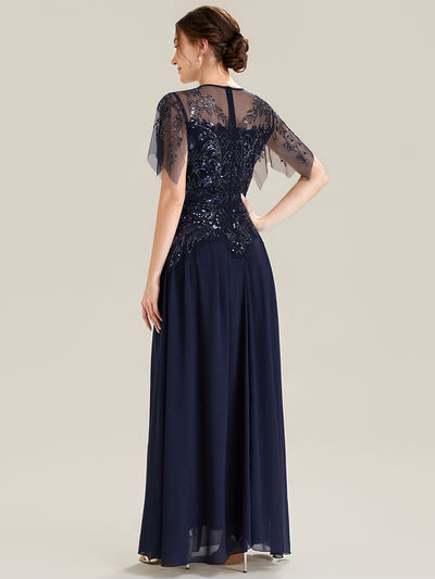 Maxikleid Mit Rundhalsausschnitt A-Linien Schnitt Tüllstoff Patchwork Und Pailletten Details Transparente Gestaltung #Farbe_Marineblau