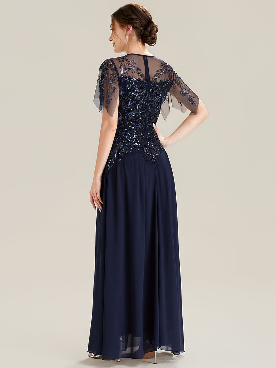 Maxikleid Mit Rundhalsausschnitt A-Linien Schnitt Tüllstoff Patchwork Und Pailletten Details Transparente Gestaltung #Farbe_Marineblau