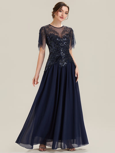 Maxikleid Mit Rundhalsausschnitt A-Linien Schnitt Tüllstoff Patchwork Und Pailletten Details Transparente Gestaltung #Farbe_Marineblau