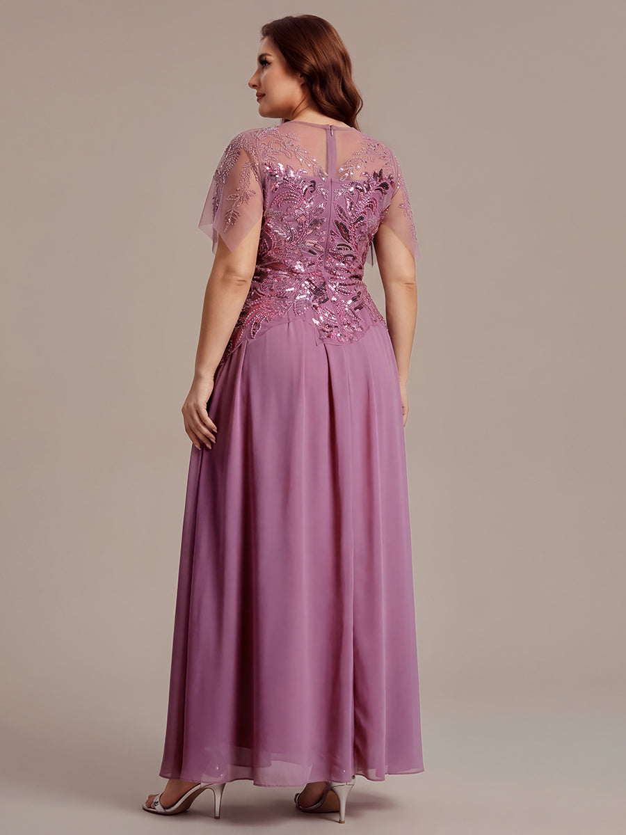 Maxikleid Mit Rundhalsausschnitt A-Linien Schnitt Tüllstoff Patchwork Und Pailletten Details Transparente Gestaltung #Farbe_Orchideenviolett