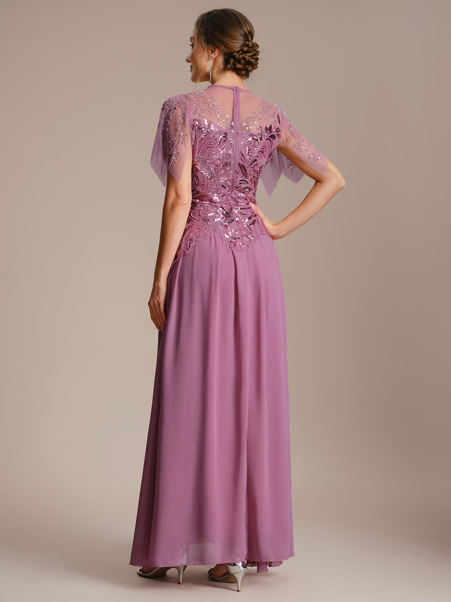 Maxikleid Mit Rundhalsausschnitt A-Linien Schnitt Tüllstoff Patchwork Und Pailletten Details Transparente Gestaltung #Farbe_Orchideenviolett