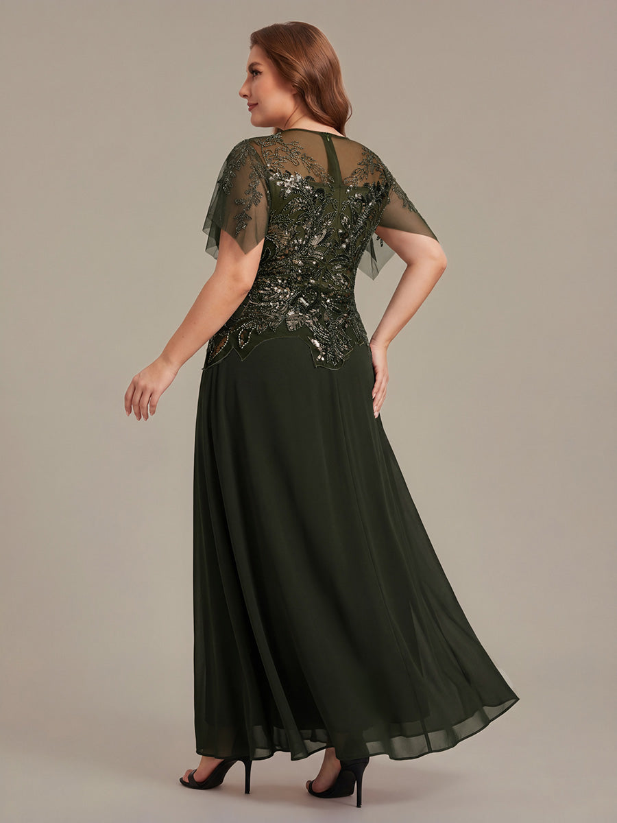 Maxikleid Mit Rundhalsausschnitt A-Linien Schnitt Tüllstoff Patchwork Und Pailletten Details Transparente Gestaltung #Farbe_Olivgrün