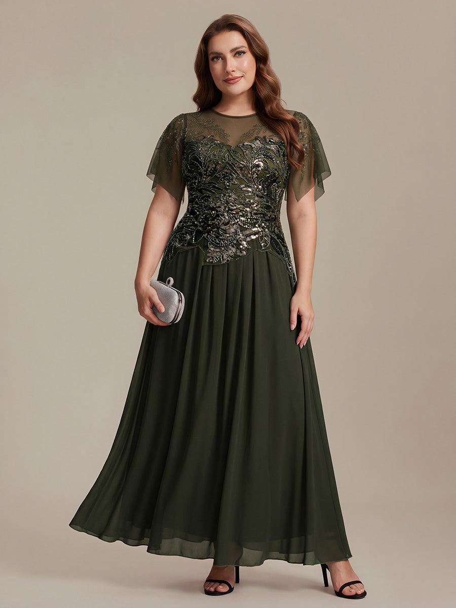Maxikleid Mit Rundhalsausschnitt A-Linien Schnitt Tüllstoff Patchwork Und Pailletten Details Transparente Gestaltung #Farbe_Olivgrün