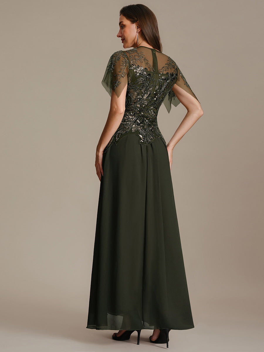Maxikleid Mit Rundhalsausschnitt A-Linien Schnitt Tüllstoff Patchwork Und Pailletten Details Transparente Gestaltung #Farbe_Olivgrün
