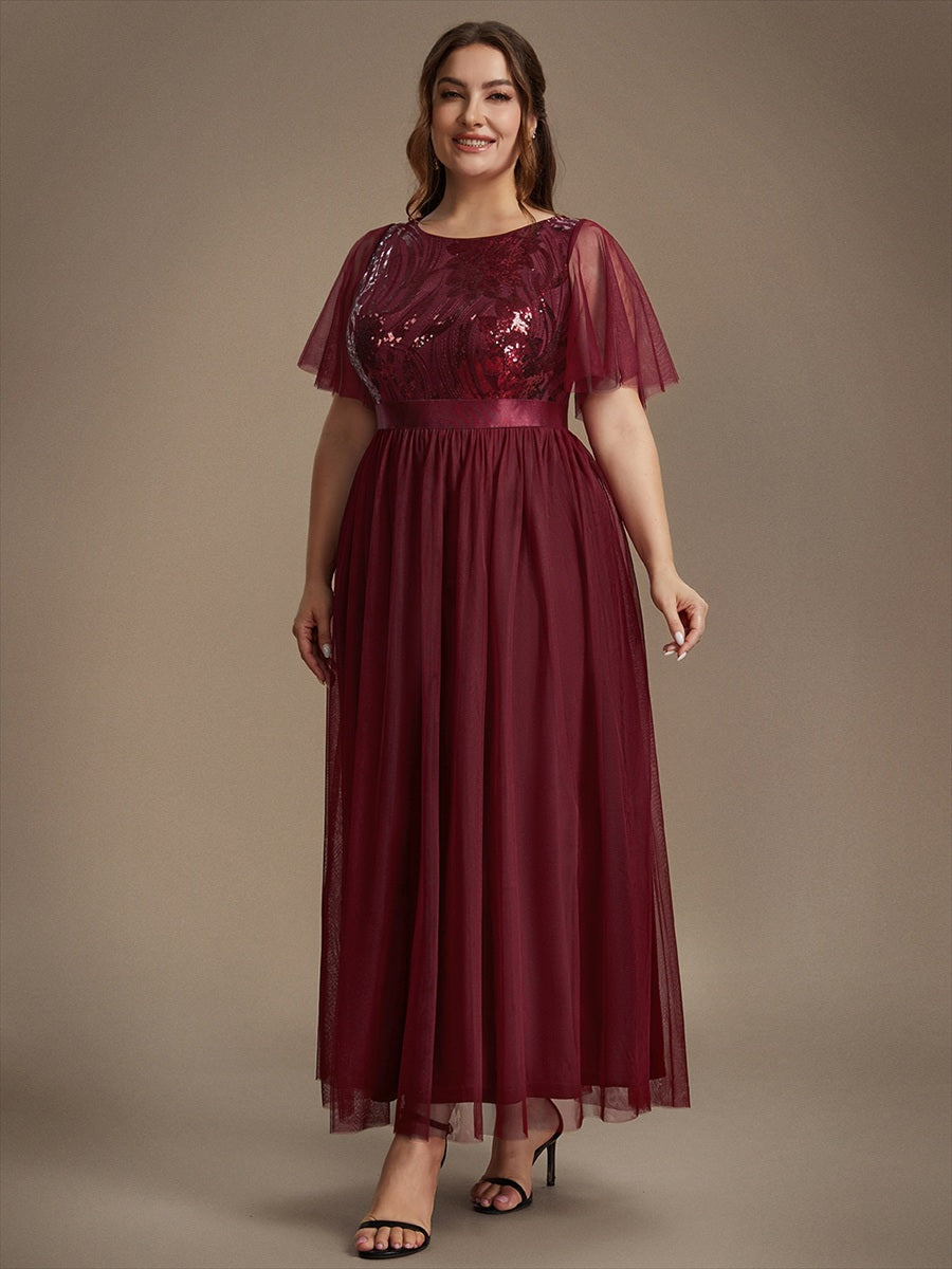 Maxilänge A-Linien Kleid Runder Ausschnitt Tüll Pailletten Glamouröser Look #Farbe_Burgunderrot