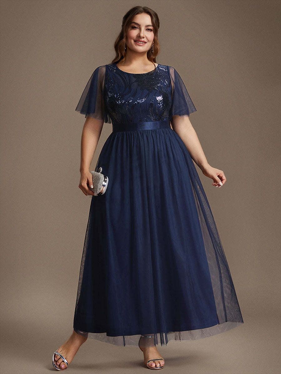 Maxilänge A-Linien Kleid Runder Ausschnitt Tüll Pailletten Glamouröser Look #Farbe_Marineblau