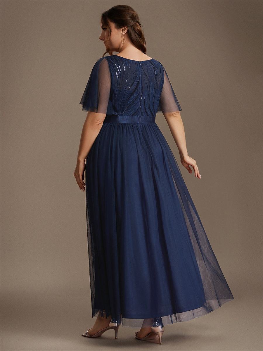 Maxilänge A-Linien Kleid Runder Ausschnitt Tüll Pailletten Glamouröser Look #Farbe_Marineblau