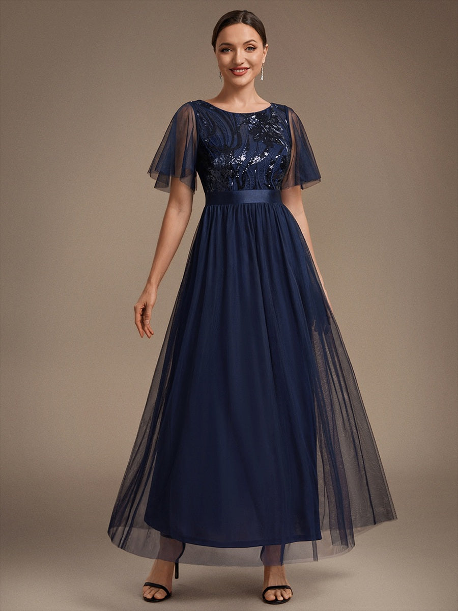 Maxilänge A-Linien Kleid Runder Ausschnitt Tüll Pailletten Glamouröser Look #Farbe_Marineblau