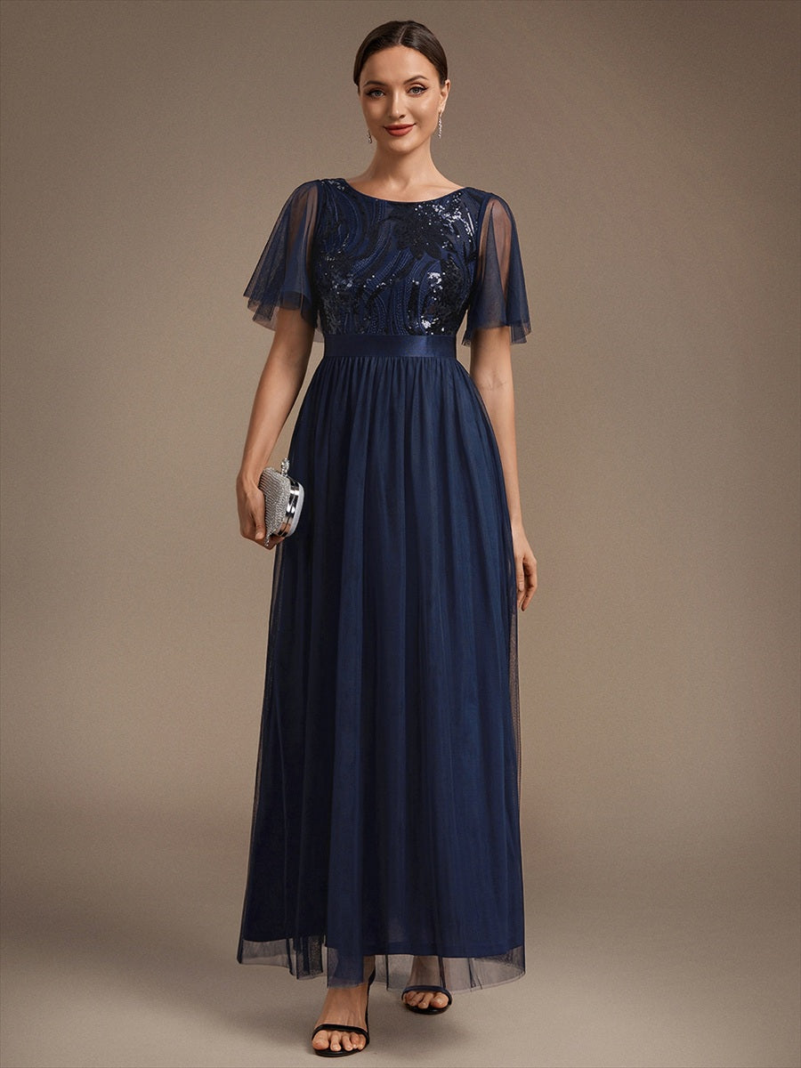 Maxilänge A-Linien Kleid Runder Ausschnitt Tüll Pailletten Glamouröser Look #Farbe_Marineblau