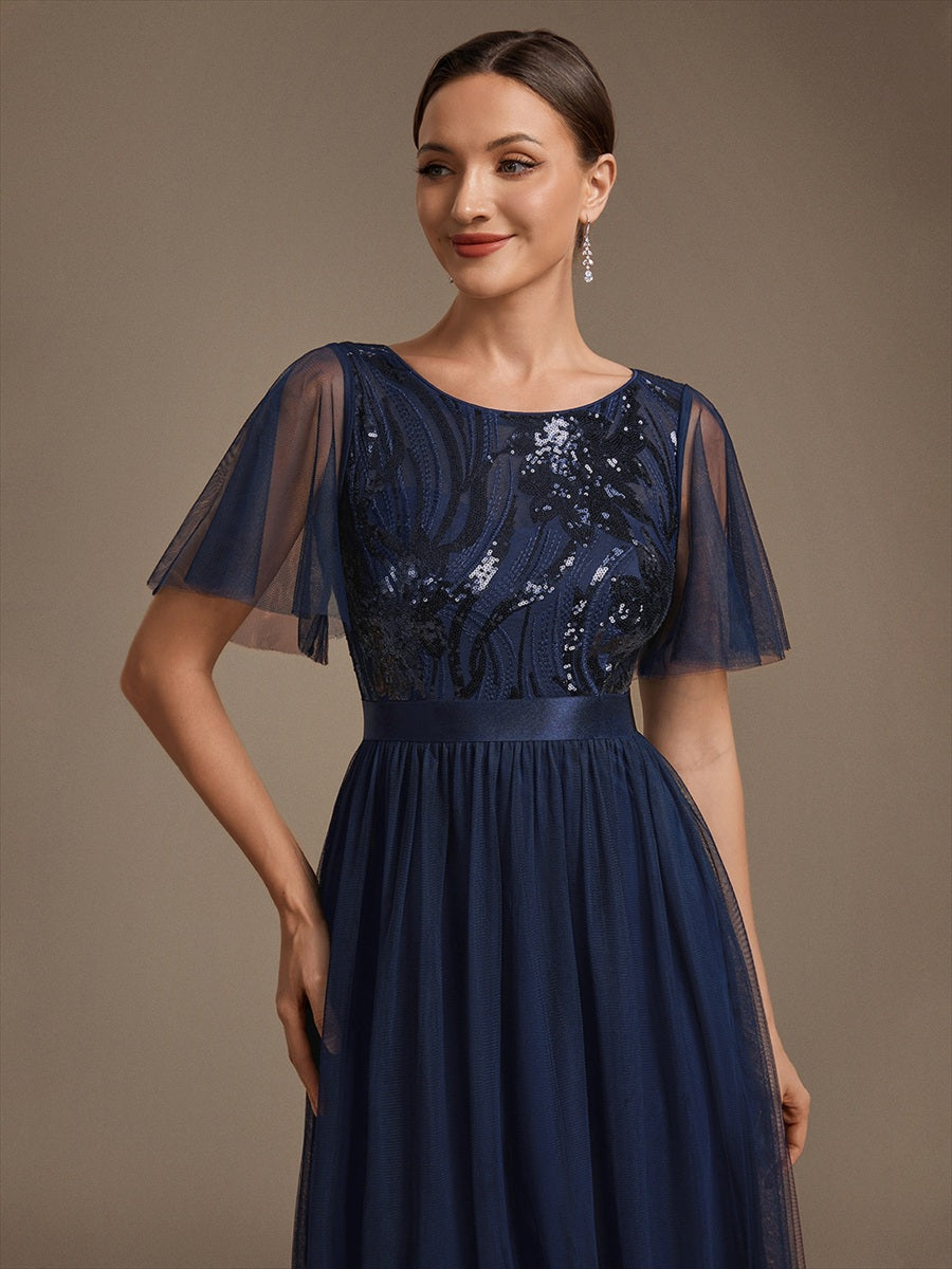 Maxilänge A-Linien Kleid Runder Ausschnitt Tüll Pailletten Glamouröser Look #Farbe_Marineblau