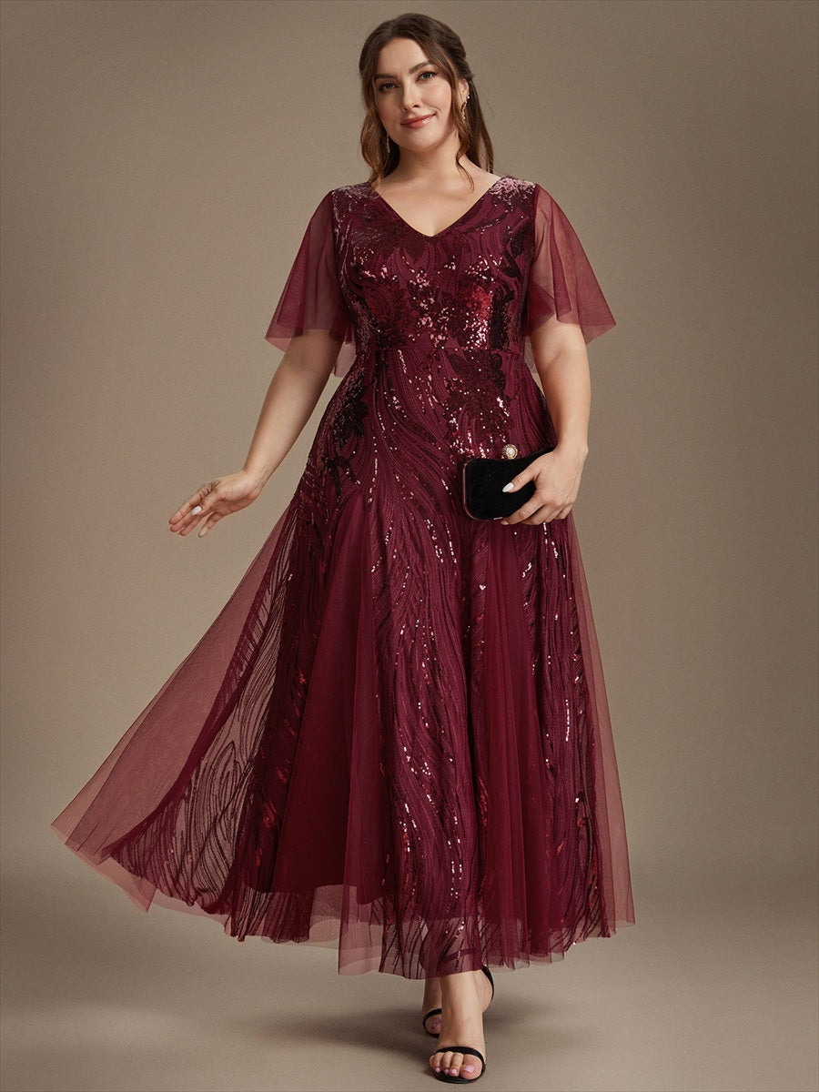 Maxilänge V-Ausschnitt A-Linien Kleid Aus Pailletten Für Glamourösen Look #Farbe_Burgunderrot