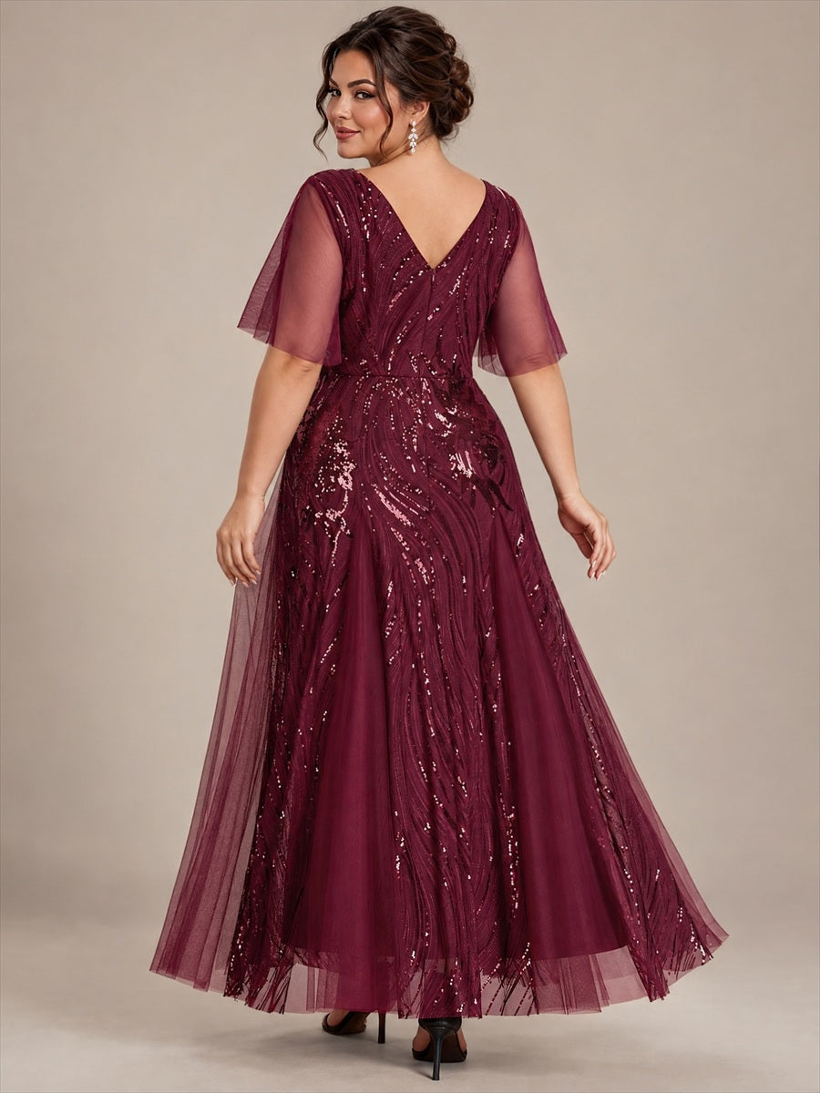 Maxilänge V-Ausschnitt A-Linien Kleid Aus Pailletten Für Glamourösen Look #Farbe_Burgunderrot
