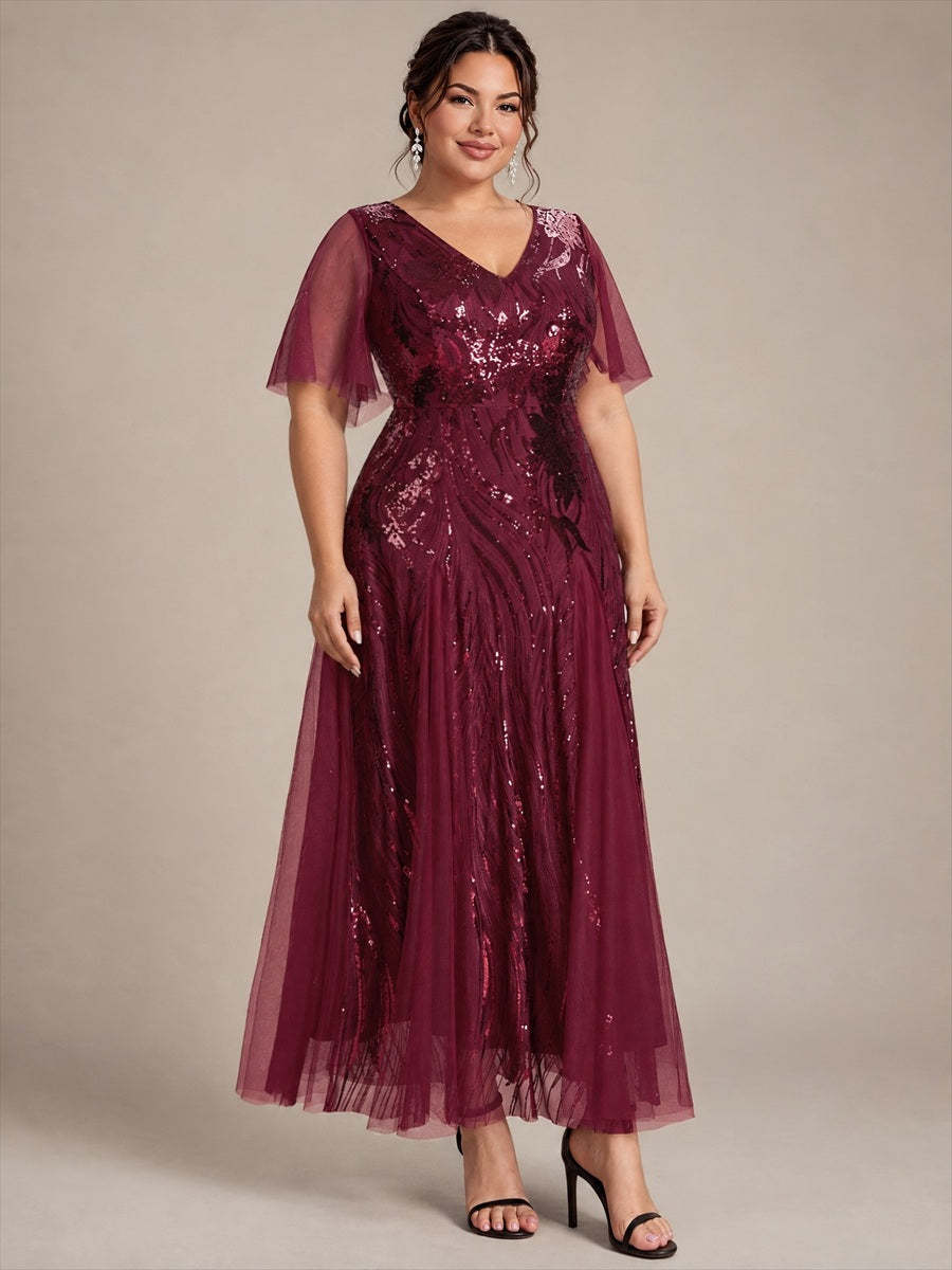 Maxilänge V-Ausschnitt A-Linien Kleid Aus Pailletten Für Glamourösen Look #Farbe_Burgunderrot