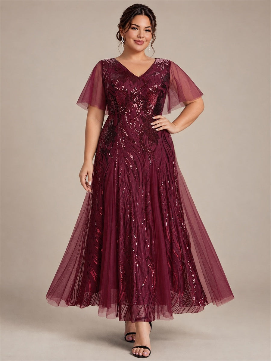 Maxilänge V-Ausschnitt A-Linien Kleid Aus Pailletten Für Glamourösen Look #Farbe_Burgunderrot