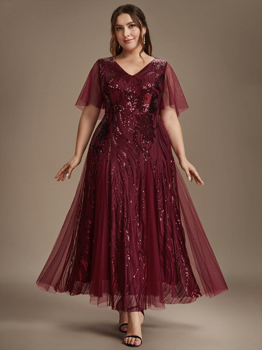 Maxilänge V-Ausschnitt A-Linien Kleid Aus Pailletten Für Glamourösen Look #Farbe_Burgunderrot