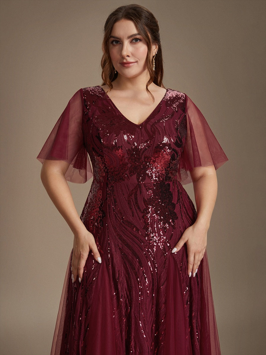 Maxilänge V-Ausschnitt A-Linien Kleid Aus Pailletten Für Glamourösen Look #Farbe_Burgunderrot