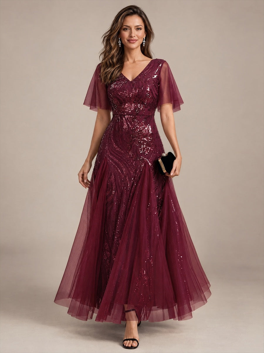 Maxilänge V-Ausschnitt A-Linien Kleid Aus Pailletten Für Glamourösen Look #Farbe_Burgunderrot