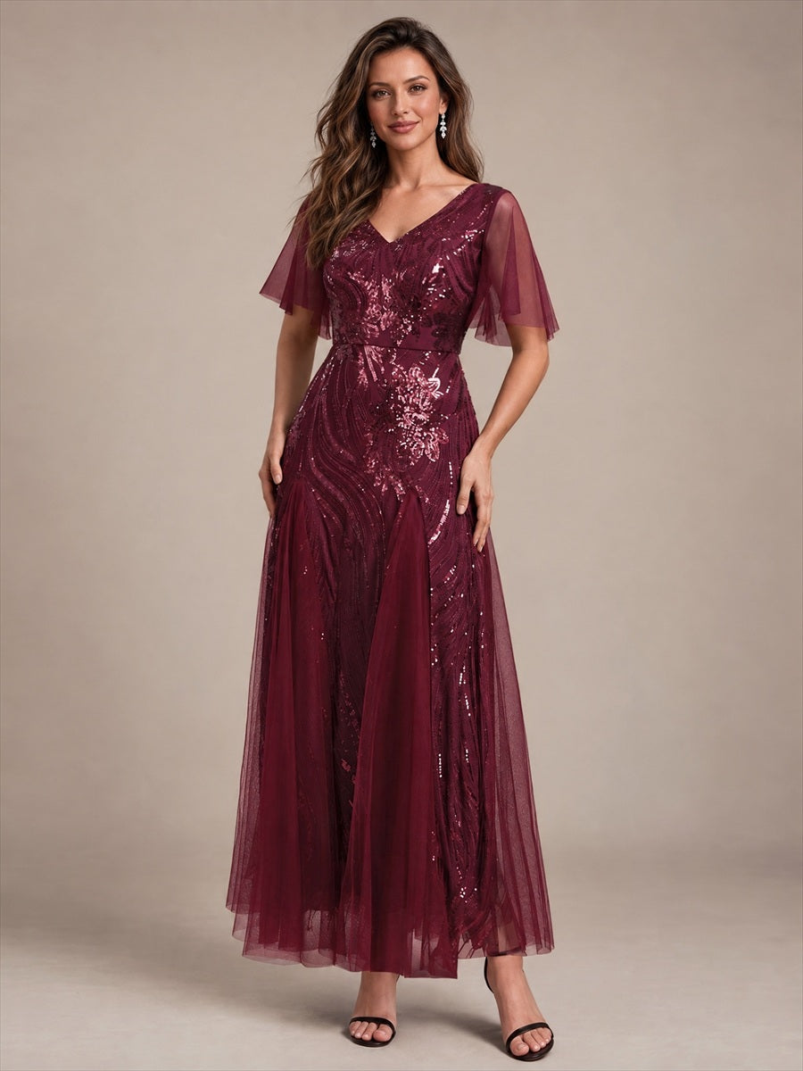 Maxilänge V-Ausschnitt A-Linien Kleid Aus Pailletten Für Glamourösen Look #Farbe_Burgunderrot