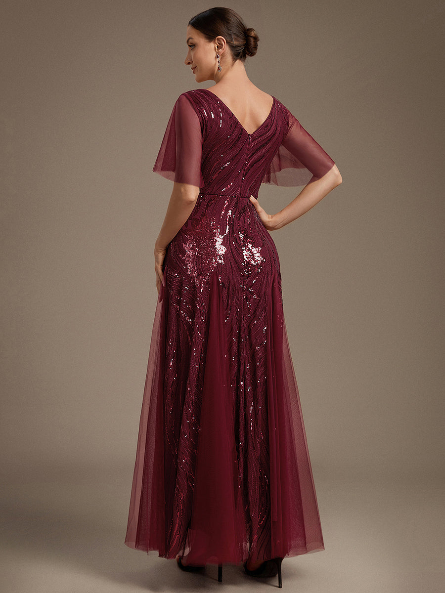 Maxilänge V-Ausschnitt A-Linien Kleid Aus Pailletten Für Glamourösen Look #Farbe_Burgunderrot