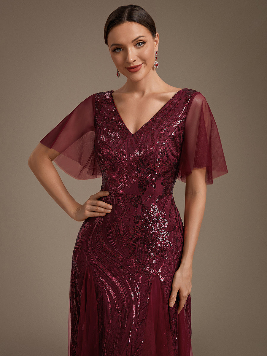 Maxilänge V-Ausschnitt A-Linien Kleid Aus Pailletten Für Glamourösen Look #Farbe_Burgunderrot