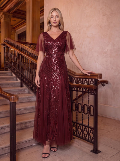 Maxilänge V-Ausschnitt A-Linien Kleid Aus Pailletten Für Glamourösen Look #Farbe_Burgunderrot