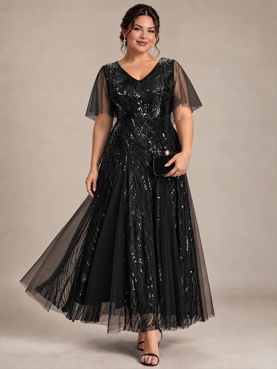 Maxilänge V-Ausschnitt A-Linien Kleid Aus Pailletten Für Glamourösen Look #Farbe_Schwarz