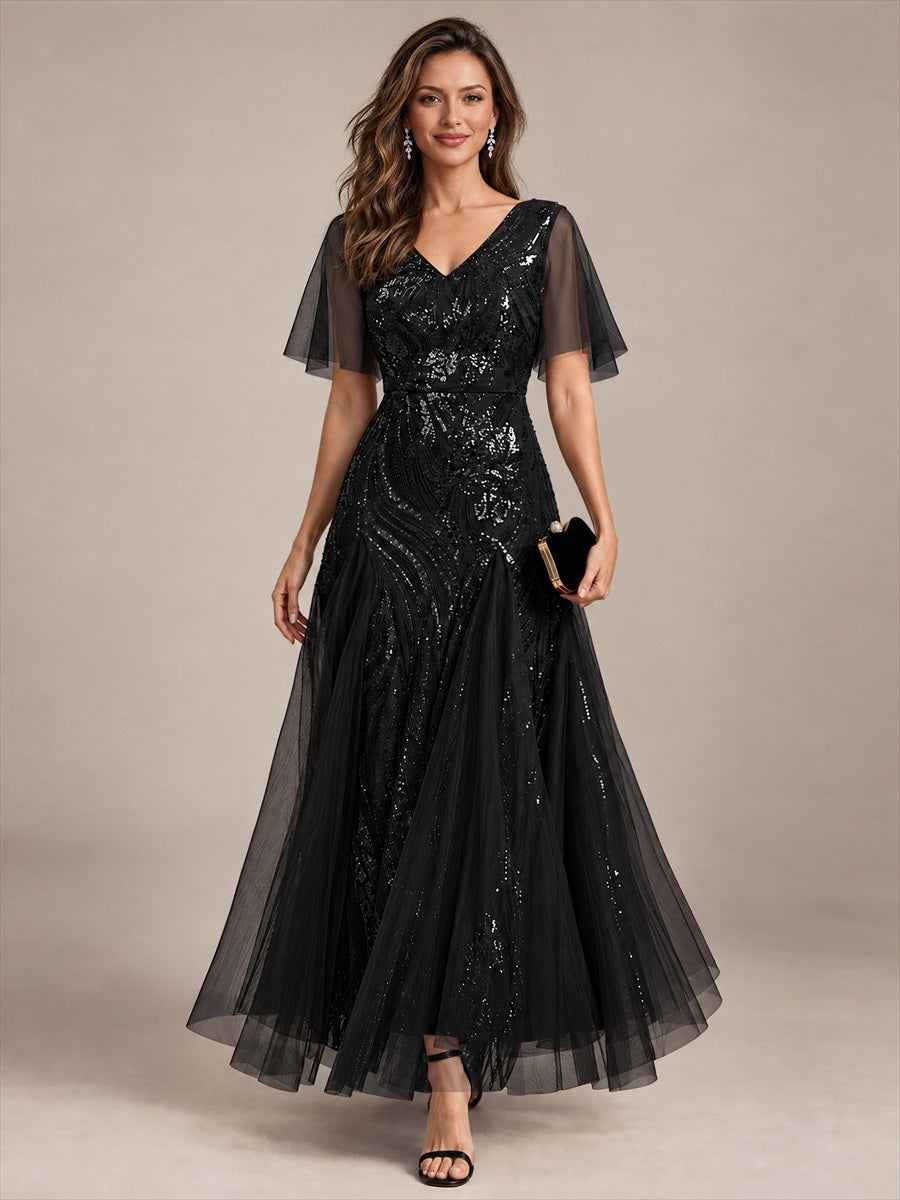 Maxilänge V-Ausschnitt A-Linien Kleid Aus Pailletten Für Glamourösen Look #Farbe_Schwarz