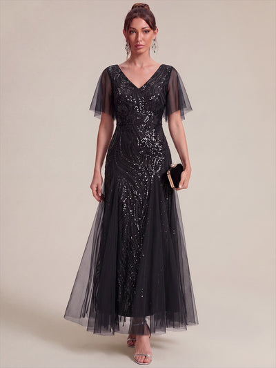 Maxilänge V-Ausschnitt A-Linien Kleid Aus Pailletten Für Glamourösen Look #Farbe_Schwarz