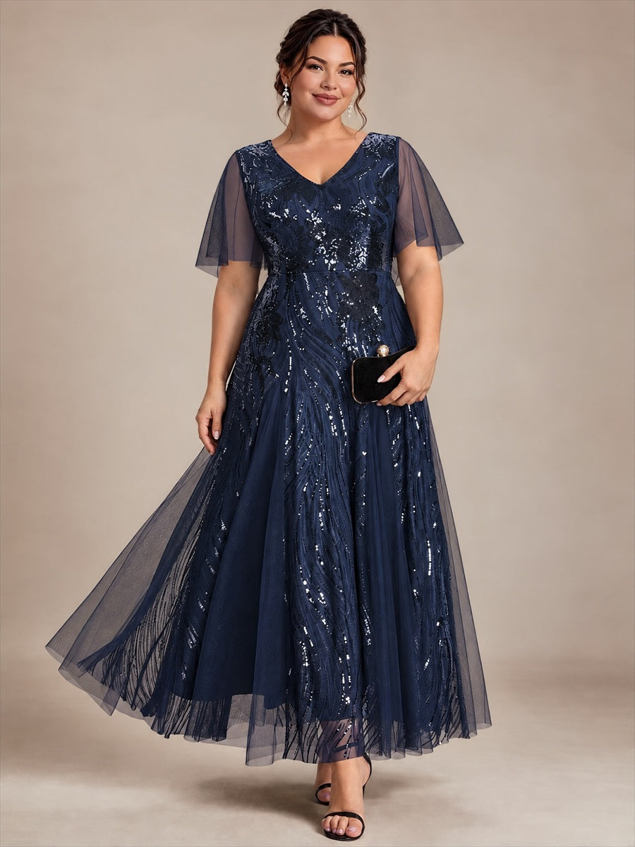Maxilänge V-Ausschnitt A-Linien Kleid Aus Pailletten Für Glamourösen Look #Farbe_Marineblau