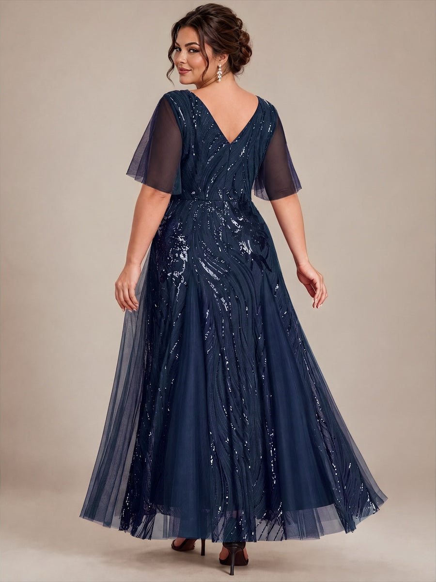 Maxilänge V-Ausschnitt A-Linien Kleid Aus Pailletten Für Glamourösen Look #Farbe_Marineblau