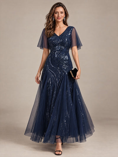 Maxilänge V-Ausschnitt A-Linien Kleid Aus Pailletten Für Glamourösen Look #Farbe_Marineblau