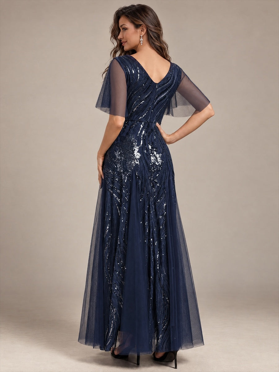 Maxilänge V-Ausschnitt A-Linien Kleid Aus Pailletten Für Glamourösen Look #Farbe_Marineblau